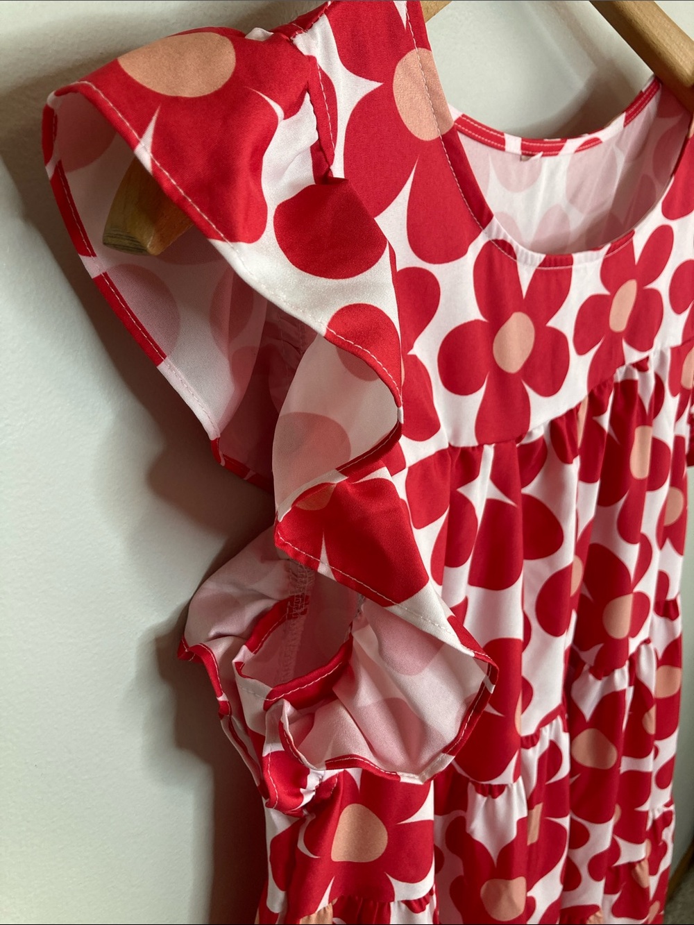 Red and White Flower Sundress with Ruffle Sleeves Size Small Tiered Floral Dress - Picture 4 of 6